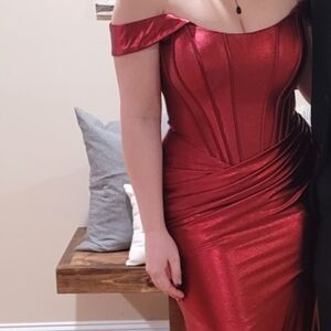 Sherri Hill Red Ruched Off-Shoulder Gown
